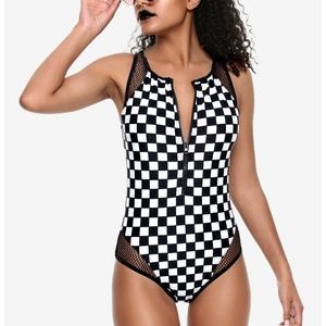 NWOT Hot Topic Black & White Checkered Zip-Up Swimsuit